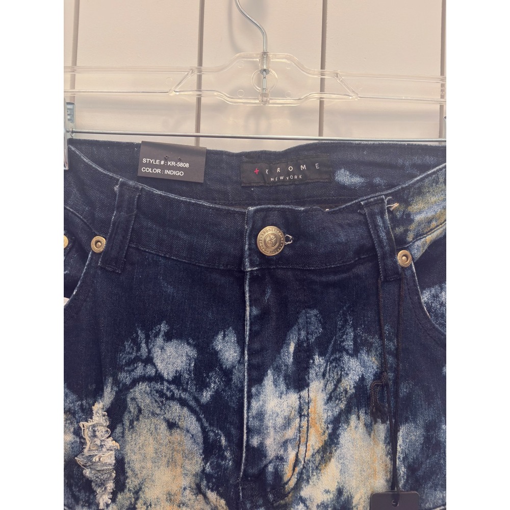 Krome Moto Jeans Mens 36x32 Indigo NWT Distressed Biker Zippers Streetwear - Picture 2 of 3